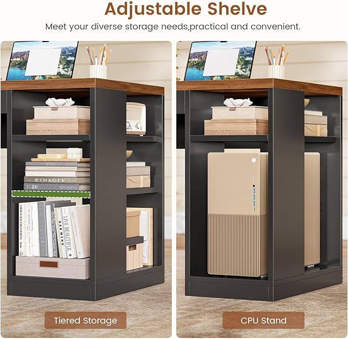 SEDETA L Shaped Desk with 2 Drawers, 65"x 59" Large Home Office Desk with Lockable File Drawer & Power Strip, Corner Desk with Storage & LED Strip, Black + Brown