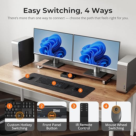 TESmart 4K@144Hz Displayport + HDMI KVM Switch Dual Monitor USB 3.0, HDMI 2.1 & DP 1.4 KVM Switch 2 Monitors 2 Computers 8K@60Hz for Gaming, Support EDID, Gigabit Network, VRR, All Input Cables