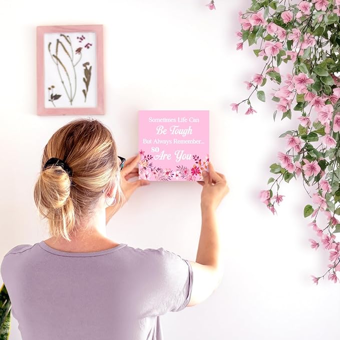 LVQHI Pink Decor For Desk, Sometimes Life Can Be Tough Sign Wood Box,Inspirational Desk Decor For Women, Small Motivational Home Bedroom Table Accessories Decoration Signs 5"x5"x1.2" In