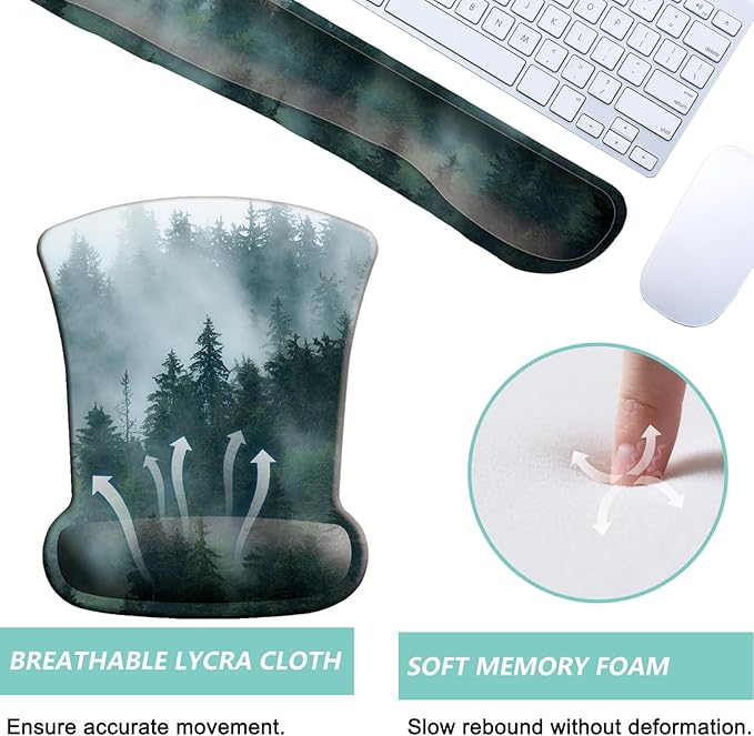 Keyboard Wrist Rest Pad Mouse Pad with Wrist Support Set of 3, Gaming Mousepad with Non-Slip Rubber Base, Ergonomic Memory Foam Mouse Cushion Support for Home Office Laptop Computer, Forest