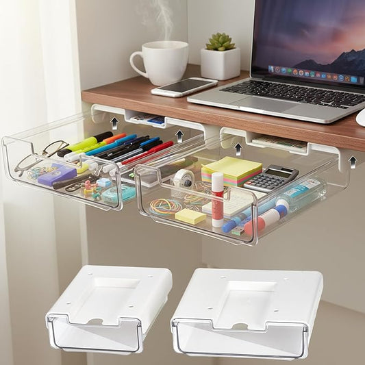 2 Pack Under Desk Hanging Drawer Slide Pull Out, Attachable Clear Acrylic Storage Tray, Easy Hidden Self Adhesive Mount Cabinet Shelf Holder for Tables, Home & Office, Counters, Workstation