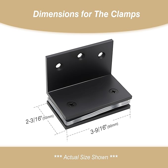 Glass Clamp, Heavy Duty Solid Brass Shower Clip for 5/16" to 1/2" (8-12mm) Glass, Wall or Floor Installation, Matte Black