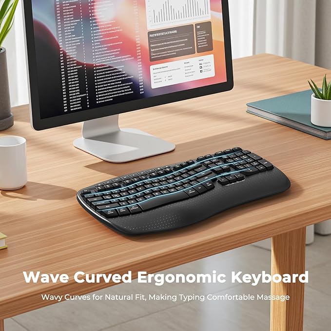 MEETION Wireless Ergonomic Keyboard, Wave Keys Firm Wrist Rest for Natural Typing, 2.4G USB-A Cordless Receiver and USB-C Adapter, Ergo Computer Keyboard Compatible with Windows/Mac/PC/Laptop, Black