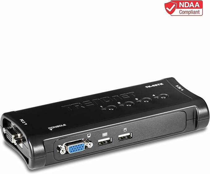 TRENDnet 4-Port USB KVM Switch, TK-407K, Control Up to 4 Computers, Windows, Linux, Mac OS Compliant, 2048 x 1536 VGA Resolution, NDAA & TAA Compliant, KVM Cables Included, Black