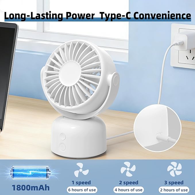 Small Oscillating Desk Fan USB Rechargeable 3 Speed Portable Mini Cooling Fan Quiet Personal Fan for Home Office Bedroom