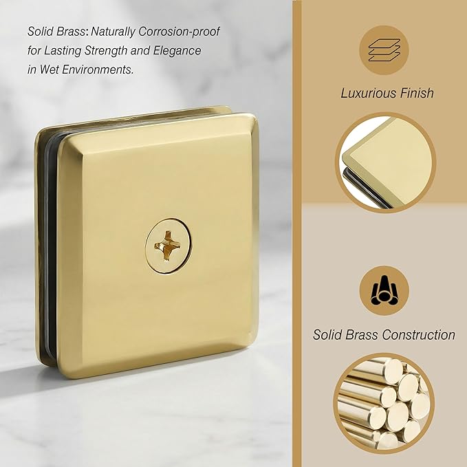 Glass Clamp for Frameless Shower Door, Solid Brass Materials, for 5/16" to 1/2" (8-12mm) Glass, Wall or Floor Mount Fixed Clips Hardware Kit, Gold Finish
