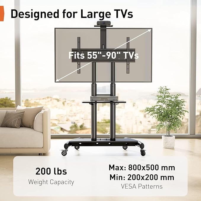 Perlegear Rolling TV Stand, Mobile TV Cart on Wheels for 55-90 Inch TVs up to 200 lbs, Adjustable TV Stand with AV & Camera Shelf, Outdoor TV Cart Max VESA 800x500mm, PGTVMC07