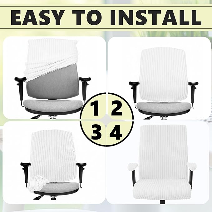 Tegeme Set of 4 Faux Fur Office Chair Covers Set with Armrest Covers, Computer Universal Stretchable Chair Seat Protector Washable Jacquard Computer Seat Slipcovers for Home Office(White)