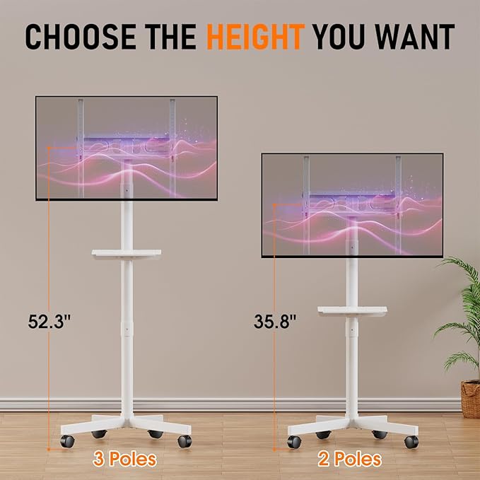 Mobile TV Cart Rolling TV Stand for 23-60 Inch LCD LED OLED Flat Curved Screens up to 88 lbs, Height Adjustable Portable TV Cart with Shelf/Wheels, Outdoor TV Stand Mount, Max VESA 400x400mm, White