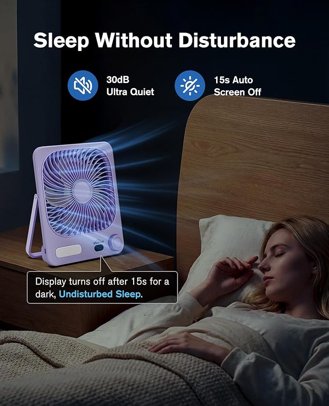 WHATOOK Small Desk Fan Rechargeable - 10000mAh Battery Operated Portable Fan with 100 Speeds & Night Light, Ultra Quiet Personal Desktop Fan for Bedroom, Office, Camping & RV Tent (Purple)
