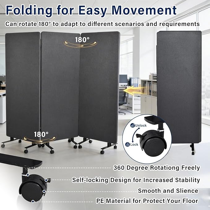 72" X 66" Partition Room dividers, 3 Panel Sound Proof Dividers for Office Partitions, Room Divider Privacy Panel with Wheels, Portable Temporary Wall for Office, Studio, School, Hospital(Dark Grey)