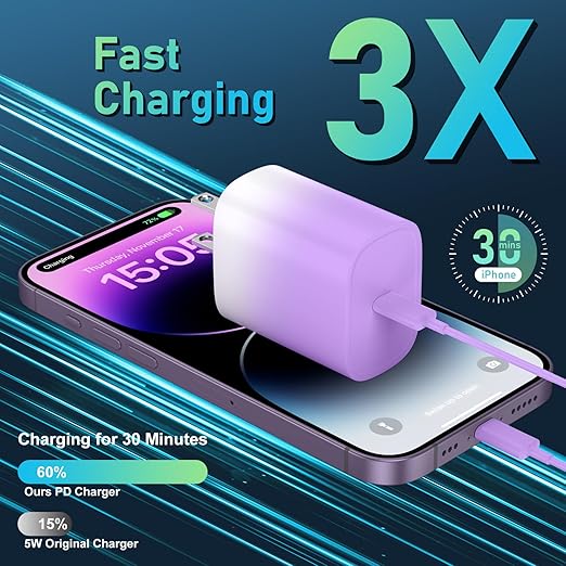 Phone 14 13 12 11 Fast Charger,10FT Long Phone Chargers Fast Charging Lightning Cable with 20W USB C Charger Block for Phone 14/14 Pro Max/13/13Pro Max/12/12 Pro Max/11/11Pro/X/Max,Pad,Purple gradient