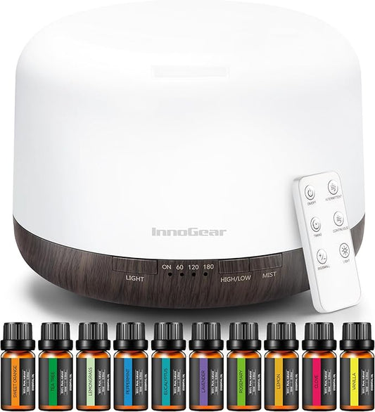 InnoGear Aromatherapy Diffuser & 10 Essential Oils Set, 500ml Essential Oil Diffuser with Remote Control Mother's Gift Ultrasonic Cool Mist Scent Humidifier Vaporizer Auto-Off Timer for Home, Brown