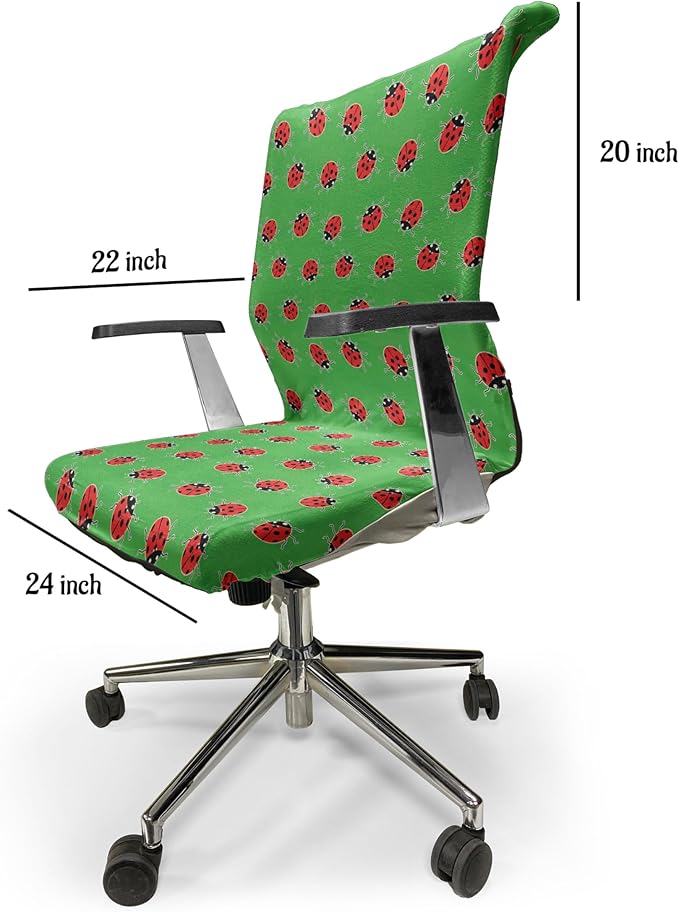 Ambesonne Entomology Office Chair Cover, Cartoon Style Repetitive Ladybugs on a Meadow, Stretchable Decorative Universal Size High Back Printed Slipcover, Red Green
