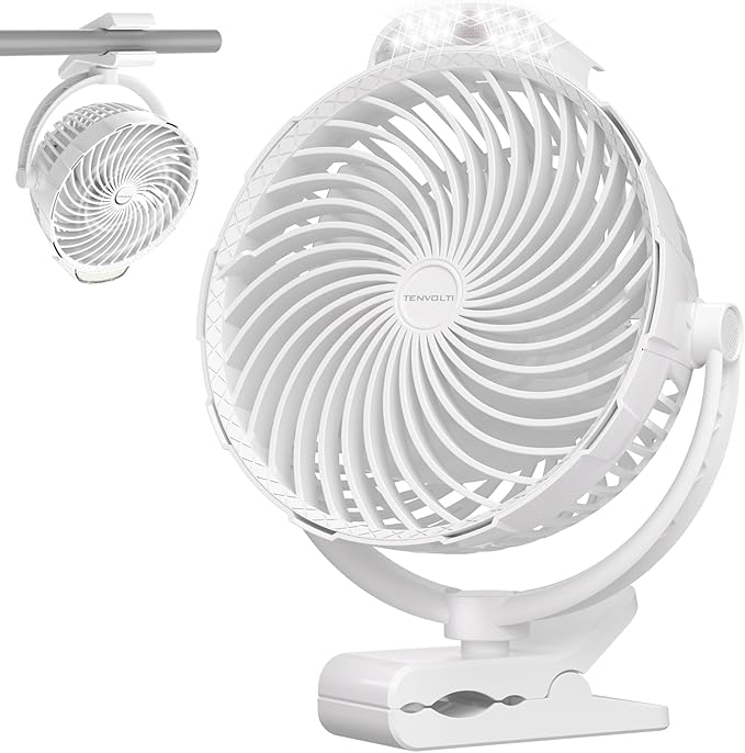 10000mAh Clip on Fan, 8-Inch Golf Cart Fan Rechargeable with LED Light, 9 Speeds Strong Airflow, Ultra Quiet, 30Hrs Runtime, 360° Rotation, Cooling for Bed Camping Office Desk Dorm, White