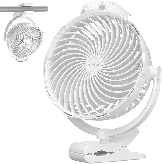 10000mAh Clip on Fan, 8-Inch Golf Cart Fan Rechargeable with LED Light, 9 Speeds Strong Airflow, Ultra Quiet, 30Hrs Runtime, 360° Rotation, Cooling for Bed Camping Office Desk Dorm, White