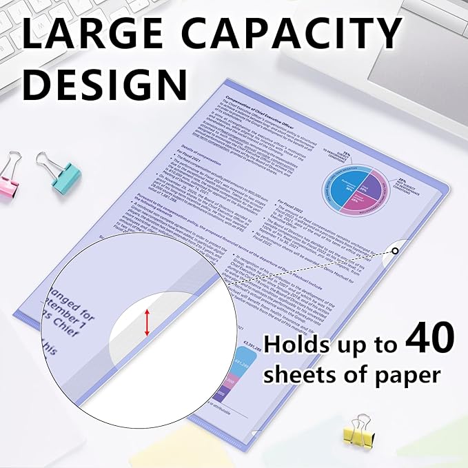 HOUYEE 12 Pack Clear Document Folders, L-Type Plastic File Folder Sleeves, Project Folders Paper Sheet Protectors for 8.5" x 11" Letter Size, for Home, Office, and School Use (6 Assorted Colors)