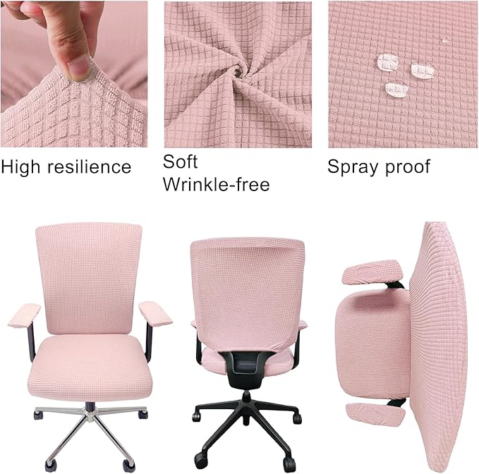 4Pcs Office Chair Covers Stretchable Set Desk Chair Cover Computer Chair Cover with 4 Non-Slip Elastic Straps Protective Armrest Slipcovers Pads Backrest Cushion for Rotating Chair (Pink)