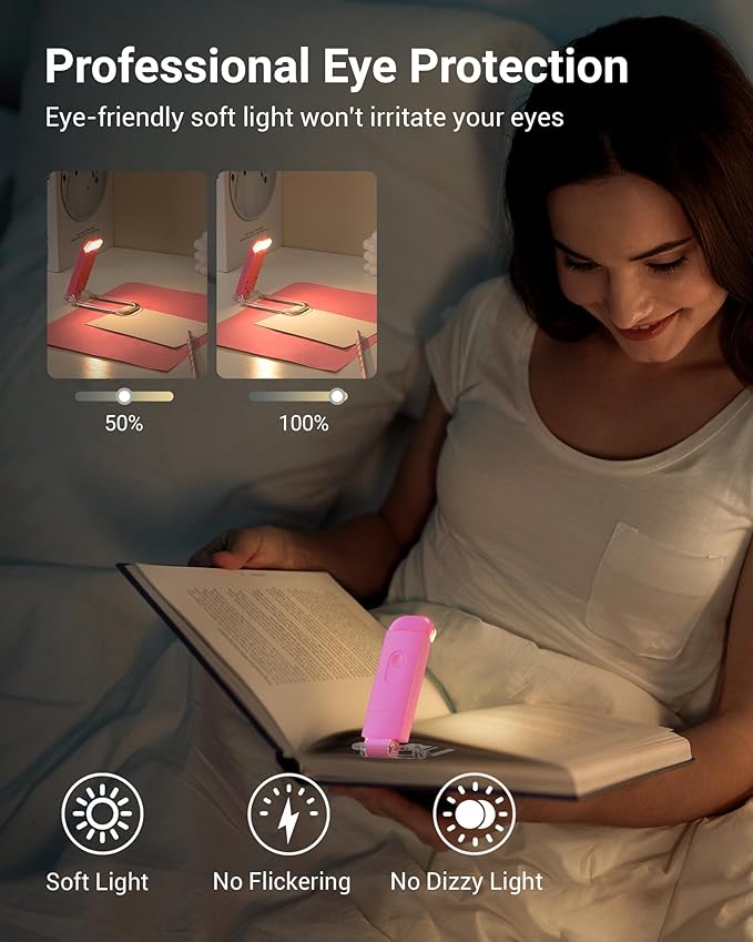 DEWENWILS USB Rechargeable Book Reading Light, Warm White, Brightness Adjustable, LED Clip on Book Lights for Reading in Bed, Car Reading Light for Kids, Bookworms (Pink)