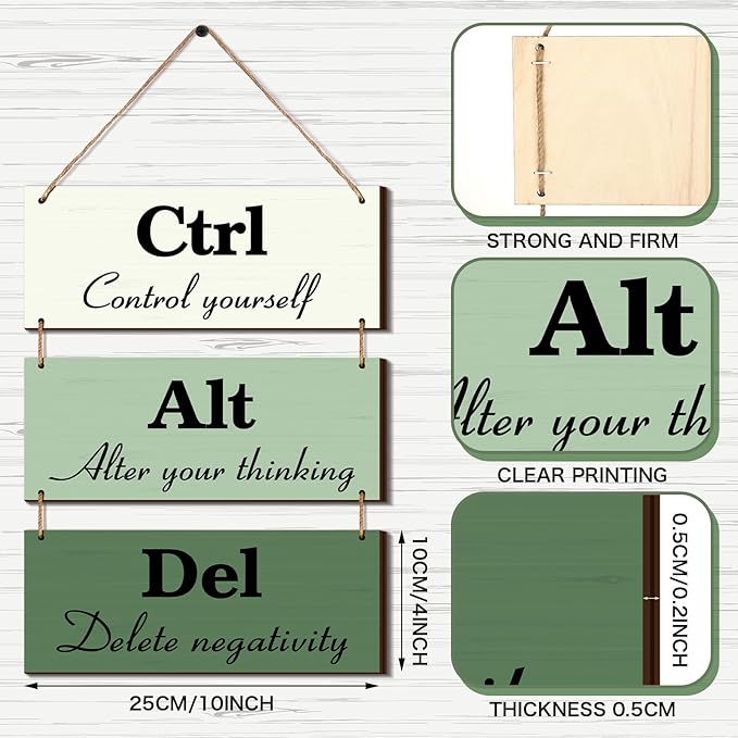 Qunclay 3 Pcs Office Wall Decor Green Wood Rustic Hanging Cubicle Decor Summer Inspirational Ctrl Alt Del Sign Decoration for Bathroom Indoor Home Living Room