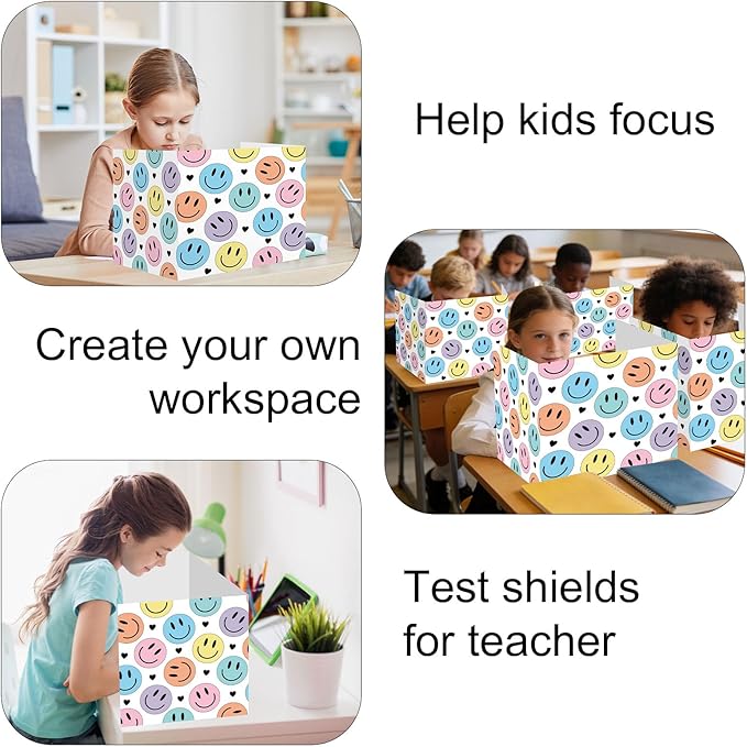 Whaline 24Pcs Student Desk Privacy Boards Classroom Desk Divider Smile Face Shield Privacy Panel Folders Screen Partition for School Teacher Student Test Supplies