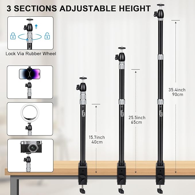 Camera Desk Mount Heavy Duty Aluminum Alloy with 360° Ball Head - Adjustable 15.7-35.4 Inch Table Clamp for DSLR, Webcam, Ring Light, Live Streaming & Video Shooting
