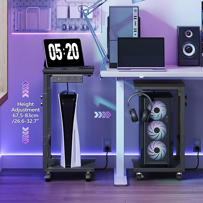MAHANCRIS Computer Tower Stand with Power Outlet, Mobile PC Stand for Floor, Height Adjustable PC Holder Cart Under Desk, 26.6"-32.7" H, for Home Office, Gaming Room, Black PCHS215E01