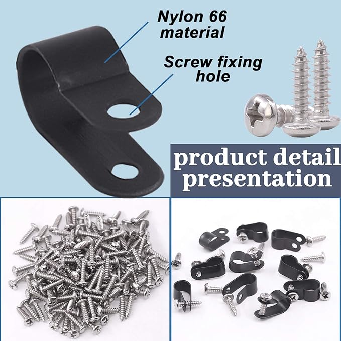 Glarks 120Pcs 3/8 Inch Black Nylon Screw Mounting R-Type Cable Clip Wire Clamp with 120Pcs Screws for Wire, Cable, Conduit and Cable Conduit Kit (Black)