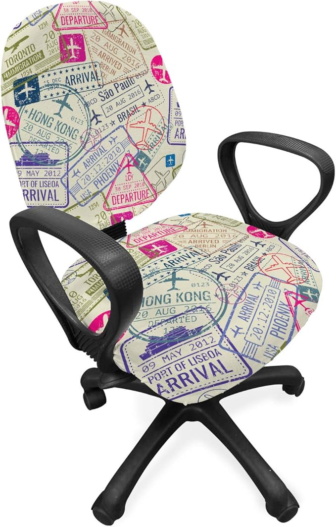 Ambesonne Travel Office Chair Slipcover, Passport and Visa Stamps Illustration of Toronto Hong Kong Berlin Print, Protective Stretch Decorative Fabric Cover, Standard Size, Eggshell Pink