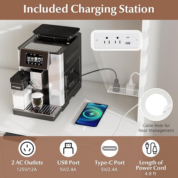 Giantex 64.5" Kitchen Pantry Cabinet with Charging Station, Tall Buffet Hutch with Storage Cabinets, Adjustable Shelf, Wine Racks, Modern Sideboard for Dining Room, Living Room, Coffee Bar, White