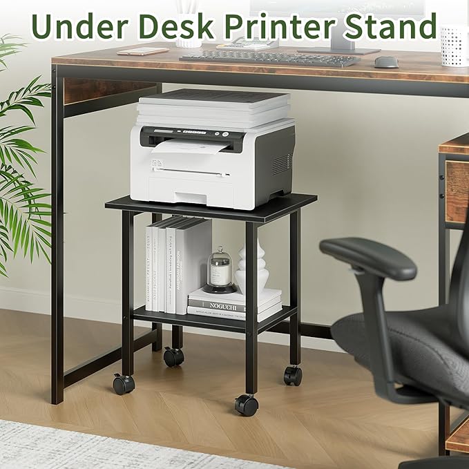 ALISENED Printer Stand with Lockable Wheels, 2-Tier Industrial Printer Shelf with Storage Shelf & Steel Frame for Space-Saving, Heavy Duty Under Desk Printer Table for Home and Office, Black