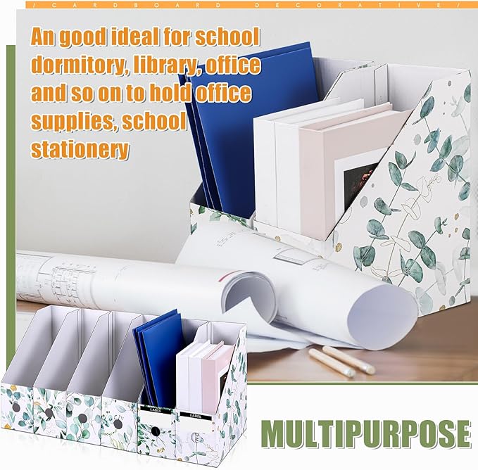 PerKoop 12 Pcs Decorative Magazine File Holders Floral Foldable File Folders Magazine Storage Boxes Rack Desk Organizer Documents with Printable Labels for School Office Home (Eucalyptus Leaves)