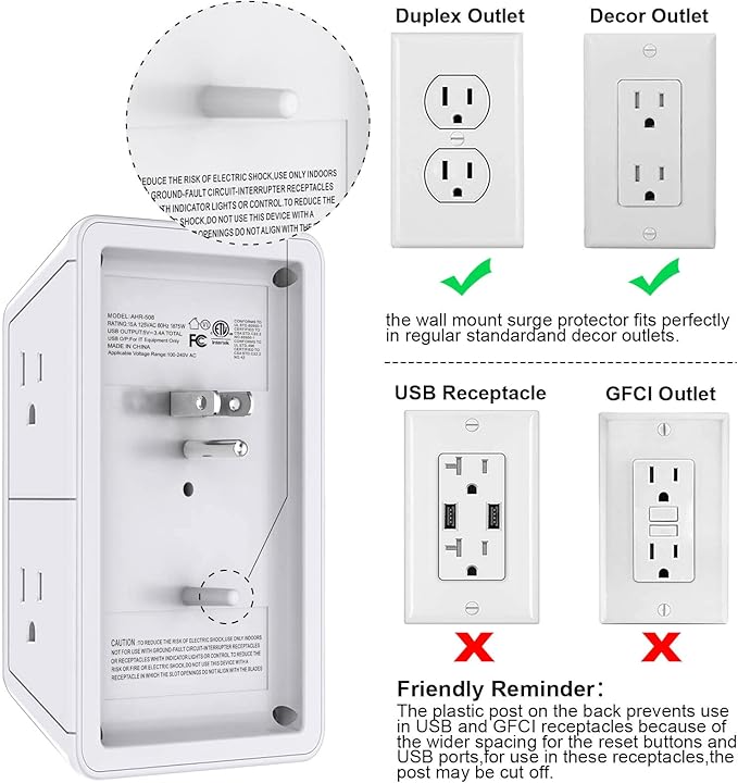 POWRUI Multi Plug 6 Outlet Surge Protector Extender with 3 USB Ports (1 USB C) and Night Light, 3-Sided Power Strip with Adapter Spaced Outlets, ETL Listed, White