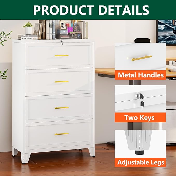 winiowa 4 Drawer File Cabinet, Metal Lateral File Cabinet with Lock, Locking Filing Cabinets for Home Office,Wide Office Storage Cabinet for Hanging Files Letter/Legal/F4/A4 Size (White, 4-Drawer)
