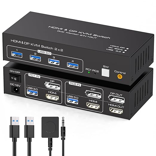 HDMI+Displayport KVM Switch 2 Monitors 2 Computers 4K@60Hz KVM Switcher for Two PC Share Dual Monitors and 4 USB 3.0 Ports Support Extended/Copy Mode with Desktop Controller&2 USB Cables