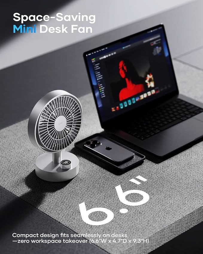 SOTHING Desk Fan, 18dB Ultra-Quiet, 6.6-inch Small Fan with 10-Speed, 160° Oscillating, 7hrs Battery Life, USB-C Rechargeable, Digital Display, Small Desk Fan for Bedroom, Dorm, Office
