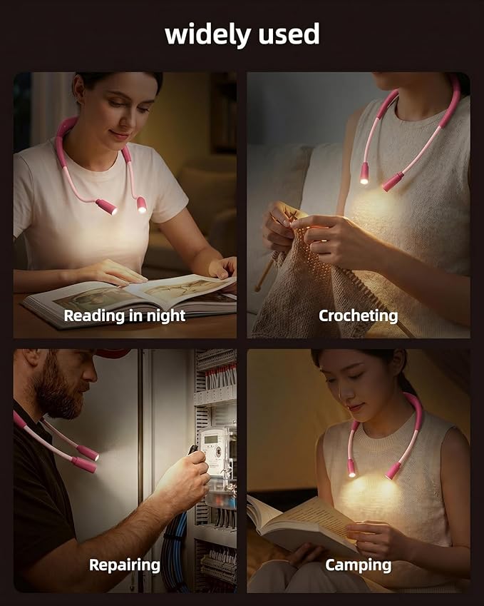 Rechargeable Book Light,3 Colors and Brightness Adjustable Reading Light,Bendable Neck Light,100hrs Long-Lasting,Perfect Reading Lamp Gift for Books in Bed, Knitting,Repairing,Working (Pink)