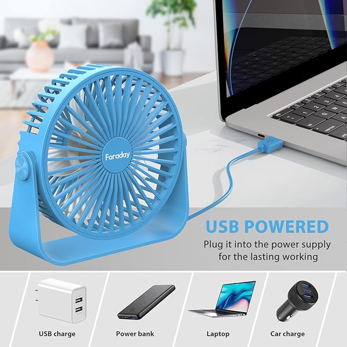 FARADAY USB Desk Fans 5 Inches Portable Table Fans 360° Head Rotation Small Personal Desktop Fan for Home Office, 3 Speeds, Blue
