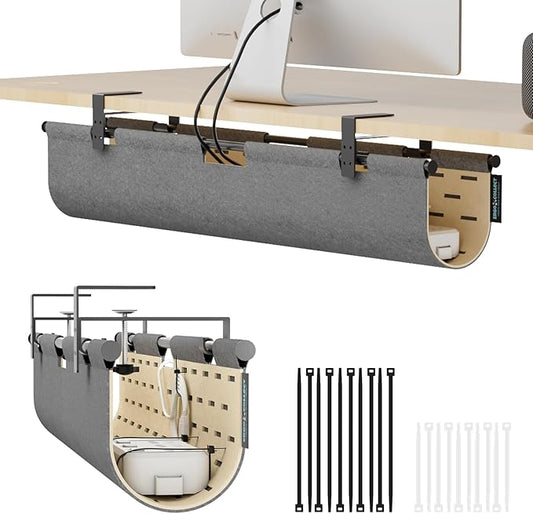 2-in-1 Under Desk Cable Management Tray & Privacy Panel, Dual-Sided Felt Cord Organizer to Hide Wires and Clutter, Desk Mount Cord Holder for Office and Home, Clamp or Screw Mount (Gray/Khaki, 30")