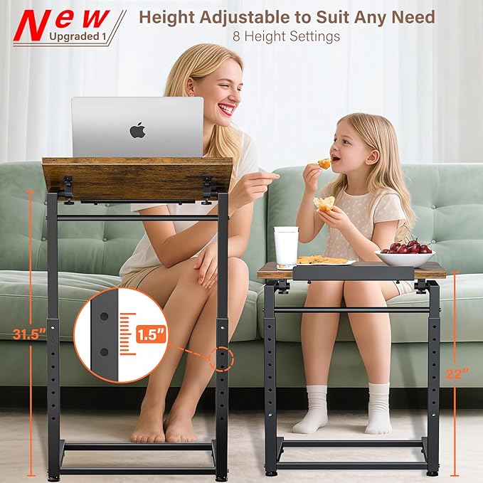 Tv Tray Table, 8-Level Adjustable Height Couch Side Table，90° Tilt Angle Adjustments C-Shaped End Table, with Phone & Tablet Slot Sofa Computer Desk for Couch, Sofa, Bed, Chair, Living Room (Brown)