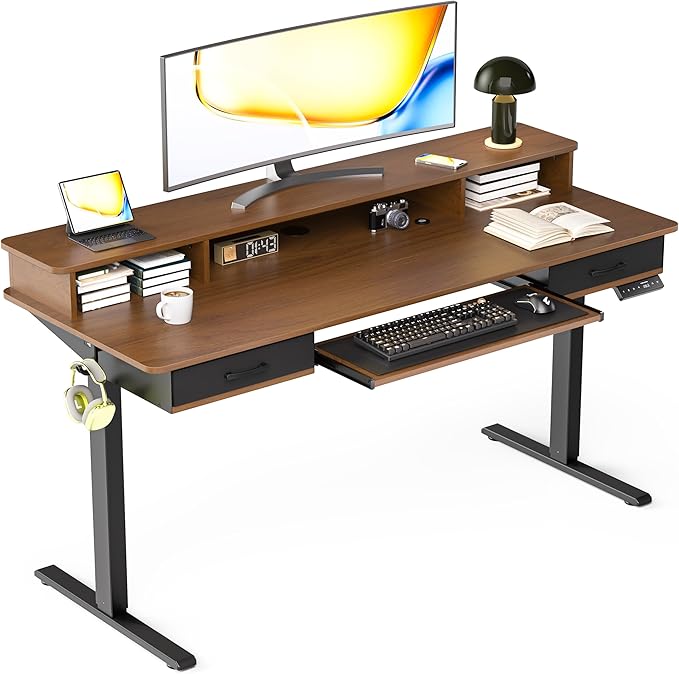 Electric Standing Desk with Keyboard Tray, 63x24 Inches Height Adjustable Stand up Desk with 2 Drawers, Ergonomic Sit to Stand Table with Storage Monitor Stand, Black Walnut