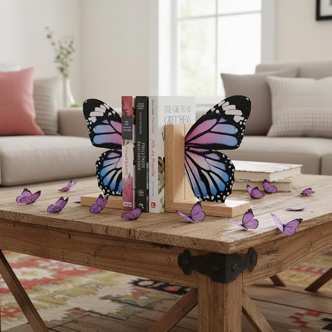 Decorative Butterfly Bookends Wooden Acrylic Butterflys Bookend Modern Bookshelf Decor Accent Book Stopper Decor for Home Farmhouse Shelves Office Lover Gift(Pale Blue Swallowtail Butterfly)