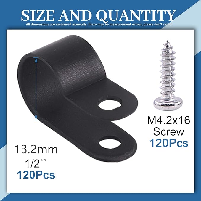 Glarks 120Pcs 1/2 Inch Black Nylon Screw Mounting R-Type Cable Clip Wire Clamp with 120Pcs Screws for Wire, Cable, Conduit and Cable Conduit Kit (Black)