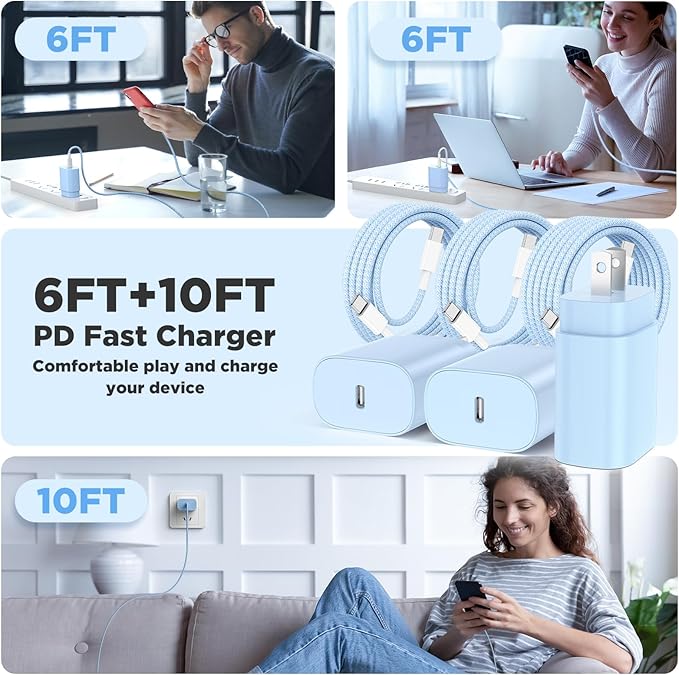 Hzevn 25W USB C Super Fast Charging Charger for Samsung Galaxy Phone, 3Pack Quick Charger Block with Braided Long USB C to C Cables (6/6/10ft) for Samsung Galaxy S25/S24/Plus/Ultra, Android/iPhone 17