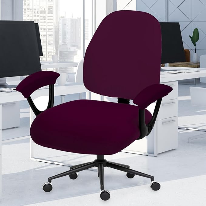 Stretchable Desk Office Chair Seat Covers - Universal Spandex Computer Chair Slipcover - Removable Washable Rotating Backrest Coverings & Cushion Protectors & Armrest Covers for Dogs, Cats, Pets, Plum