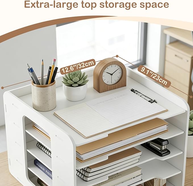 Desk Organizer, 4-Tier File Organizer for Desk, Letter Tray Paper, Desktop Document Sorter for Letter, File Folder Holder with Pen Holder for Office, Home or School- White MLT001W4