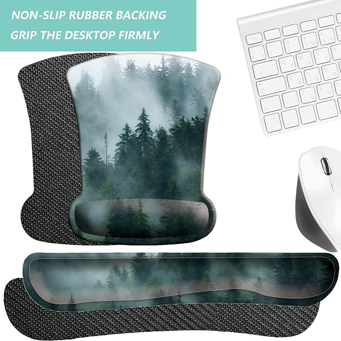 Keyboard Wrist Rest Pad Mouse Pad with Wrist Support Set of 3, Gaming Mousepad with Non-Slip Rubber Base, Ergonomic Memory Foam Mouse Cushion Support for Home Office Laptop Computer, Forest
