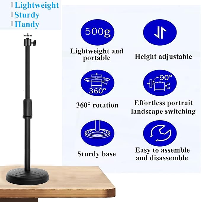 Webcam Stand with Phone Holder, Adjustable Height Desk Camera Mount for Logitech C920 C922 C925e C930e, 1/4" Threaded Desktop Tripod Stand for Live Streaming, Video Conferencing, Online Classes
