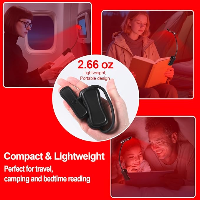 630nm Red Book Light - Zero Blue Light, Rechargeable Clip On Red Reading Light for Reading at Night, Poratble Dimmable LED Book Lamp, Perfect for Travel Nursing Studying(2 Pack)