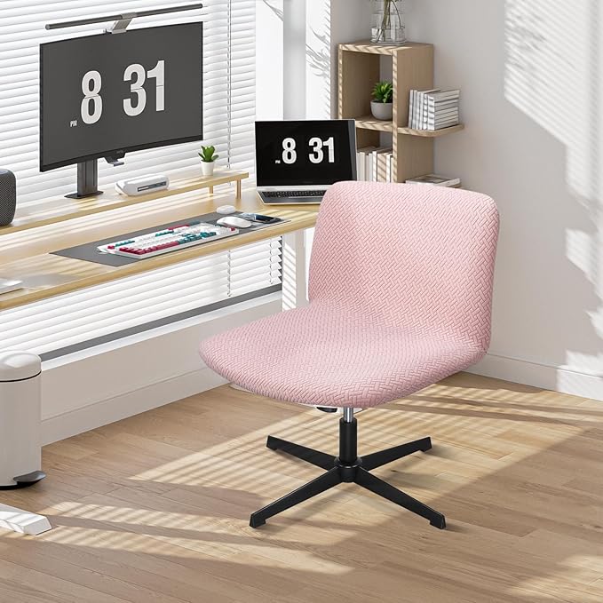 Criss Cross Chair Cover Pink, 2pcs Armless Vanity Swivel Office Computer Desk Chair Fuzzy Cover, Cross Legged Slipcover Mid Back Wide Seat Covers No Wheels for Bedroom（Only Covers, No Chairs）